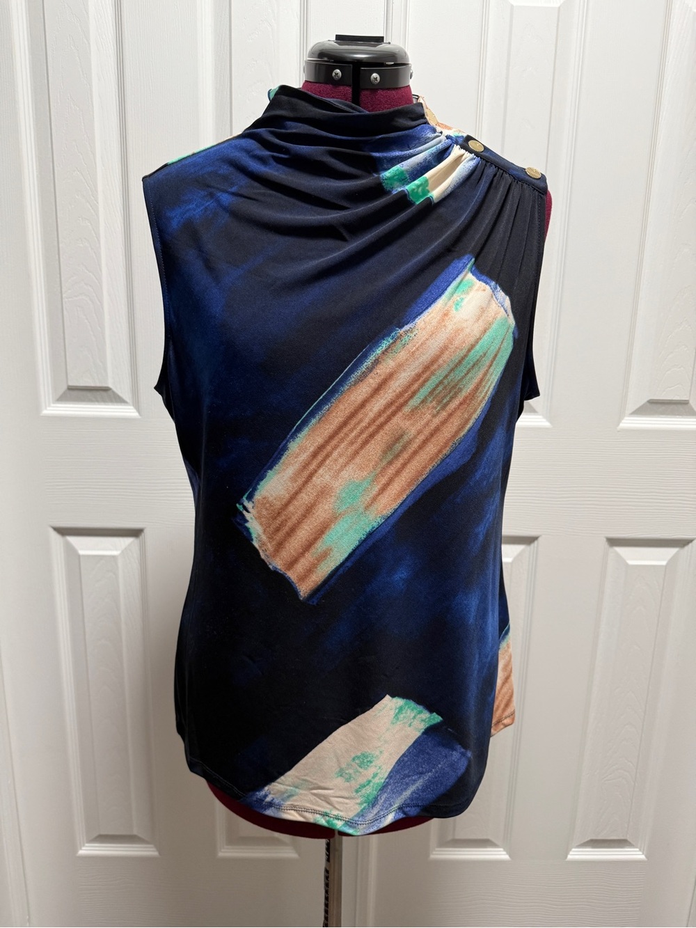 DKNY Navy Sleeveless Top with Abstract Brushstroke Accents